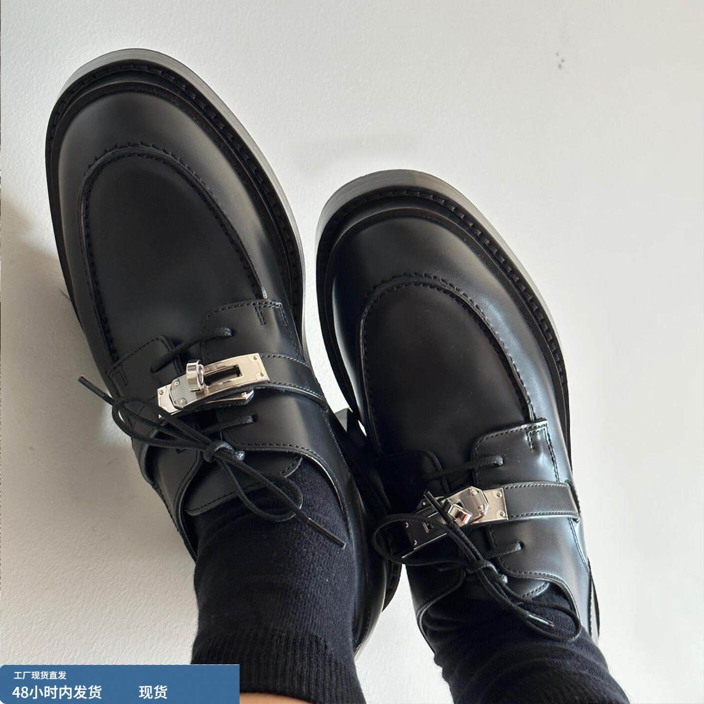 牛皮版~早春经典锁扣黑色真皮乐福鞋女粗跟增高袜子配JK小皮鞋子
