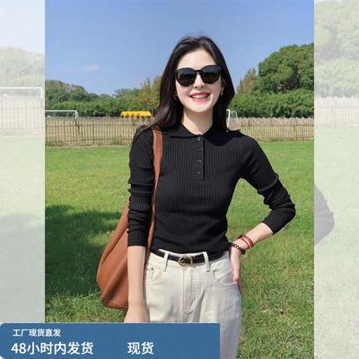 韩系内搭黑色polo领针织衫上衣女秋冬冬季修身短款翻领毛衣打底衫