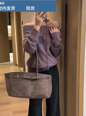 法式别致紫色挂脖一字领软糯毛衣女秋冬季外穿加厚宽松针织衫上衣