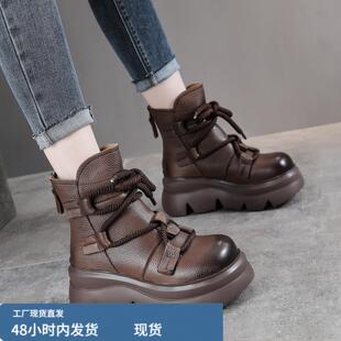 牛皮新款厚底高筒短靴女款真皮2025秋季女式覆古高跟松糕单靴软底