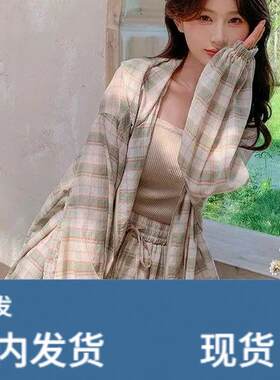 韩版格子外套短裤两件套女夏季2026新款时尚洋派宽松休闲套装潮流