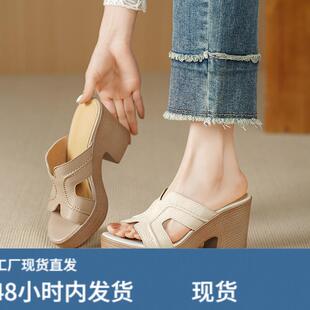 8CM高跟凉拖鞋女士外穿厚底粗跟真皮一字凉拖鞋夏季新款羊皮半拖