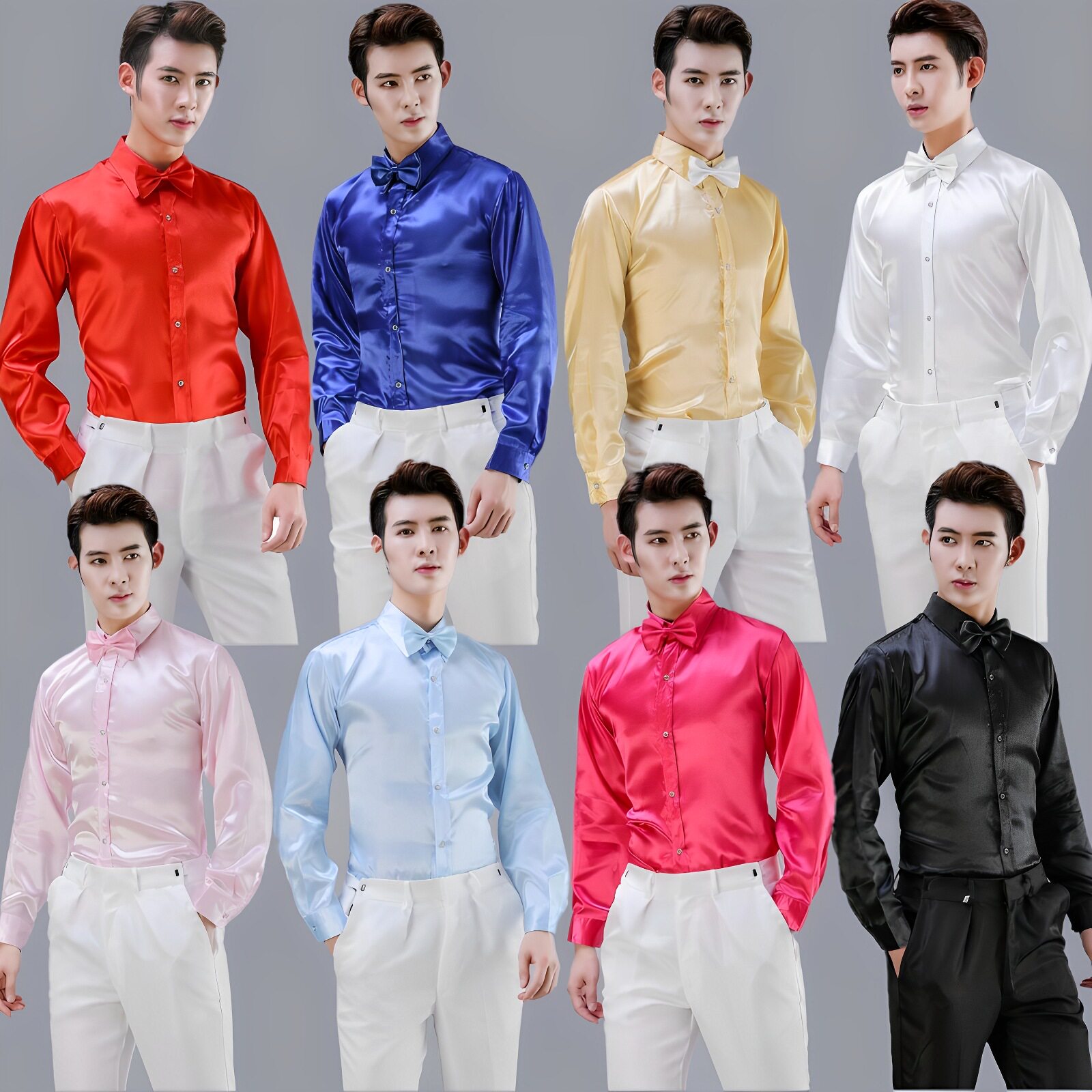 男士缎面演出衬衫舞台现代舞表演服学生大合唱服装亮面长袖衬衣