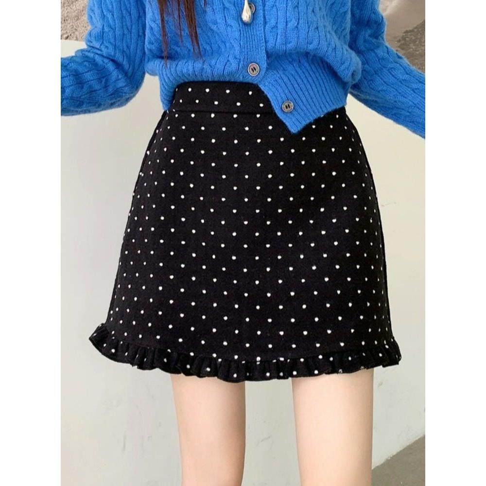 大码黑色波点毛呢半身裙女秋冬巨好看的短裙胖mm高腰显瘦a字半裙,运动/瑜伽/健身/球迷用品,瑜伽短裙,淘宝优惠券,粉丝福利购,淘宝优惠卷