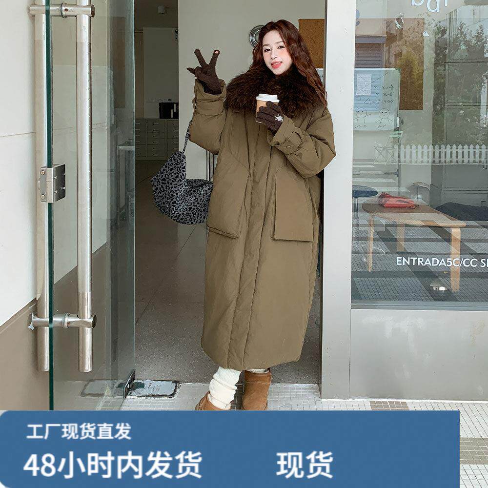 军绿色大毛领派克羽绒服女冬超火好看高级感加绒加厚中长工装外套