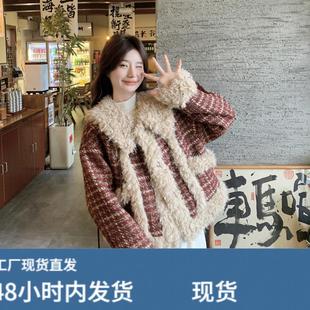 红色格纹羊卷毛拼接夹棉外套女2025冬韩系超好看洋气减龄短款棉服