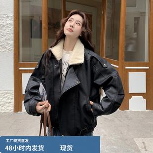 美式复古羊羔毛翻领PU皮棉服女短款2025冬酷飒机车风显瘦皮衣外套