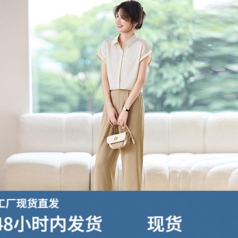 减龄休闲雪纺套装女夏宽松时尚短袖衬衫显瘦直筒阔腿长裤两件套潮