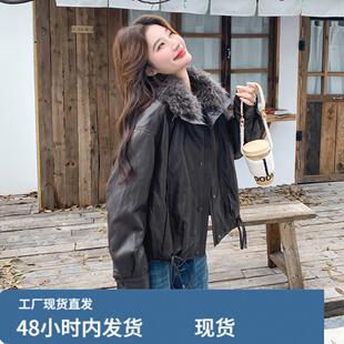 羊羔毛翻领咖色短款皮衣派克羽绒服女冬超火好看加绒加厚工装外套