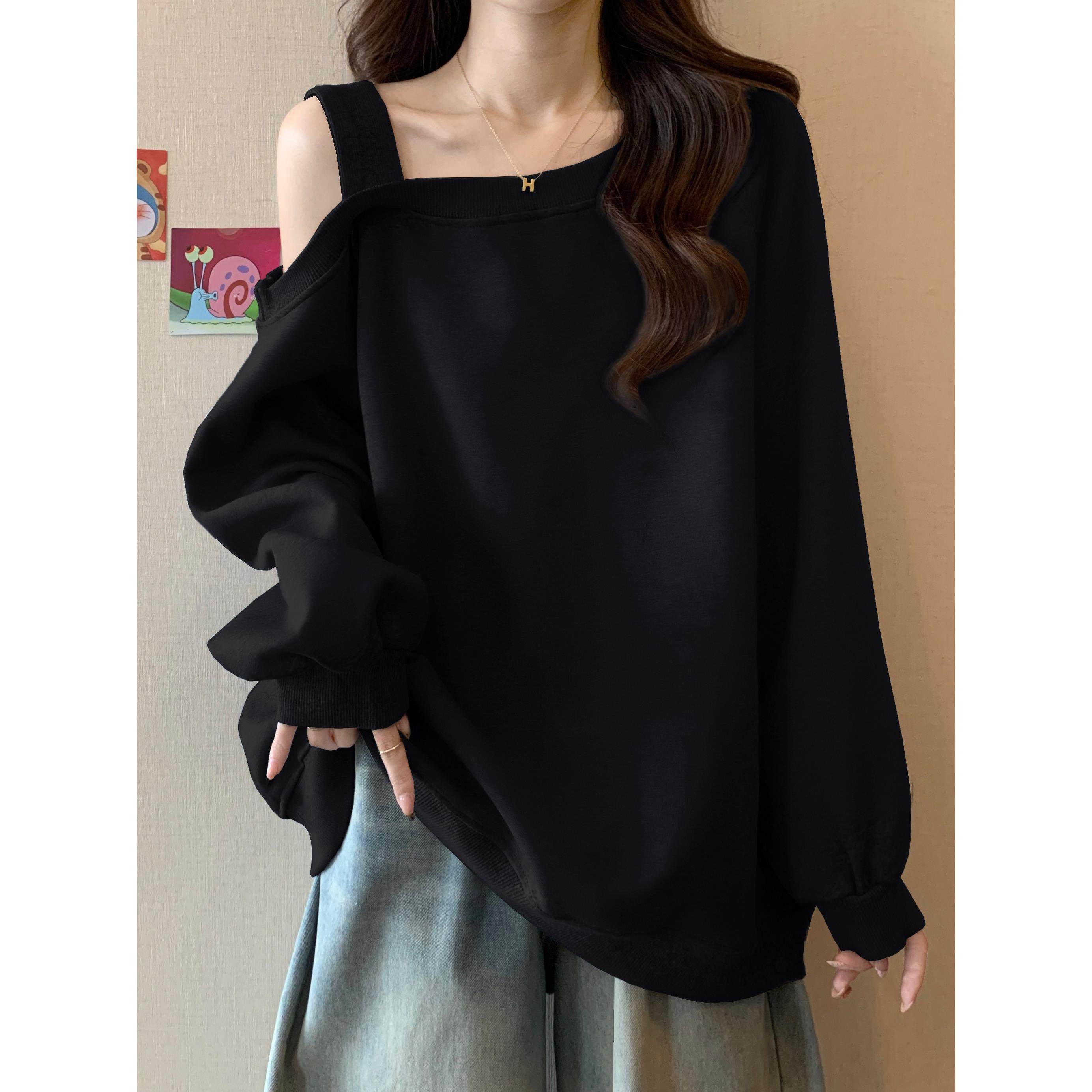 大码高级感黑色露肩长袖卫衣秋装女胖mm显瘦中长款遮屁股斜肩上衣,女士内衣/男士内衣/家居服,睡衣上装,淘宝优惠券,粉丝福利购,淘宝优惠卷