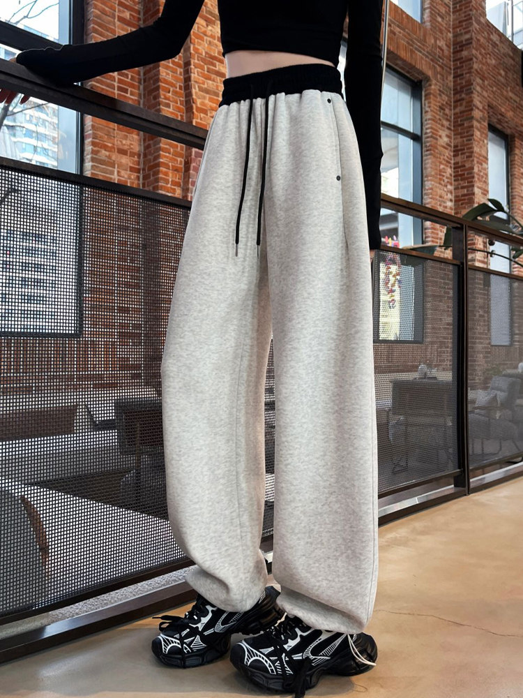美式撞色松紧腰阔腿裤女2025秋季新款高腰抽绳休闲弯刀运动卫裤子
