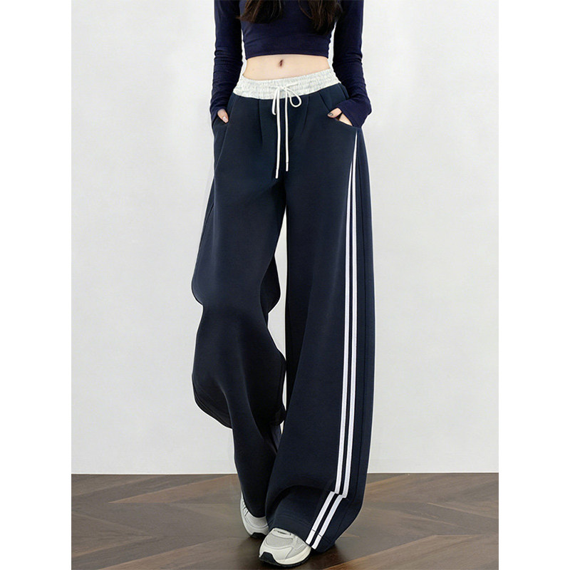 美式条纹弯刀卫裤女春季2026新款松紧高腰垂感直筒休闲阔腿运动裤