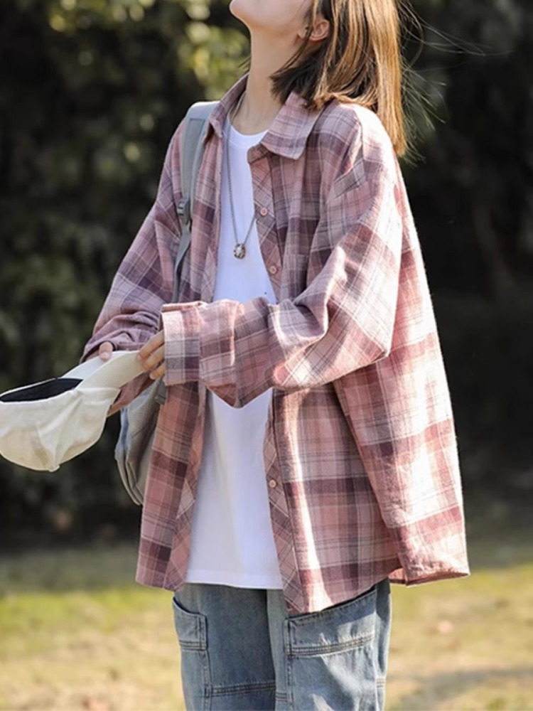 粉色格子防晒衬衫女2025新款秋季穿搭宽松慵懒风长袖外搭衬衣外套,女装/女士精品,衬衫,淘宝优惠券,粉丝福利购,淘宝优惠卷