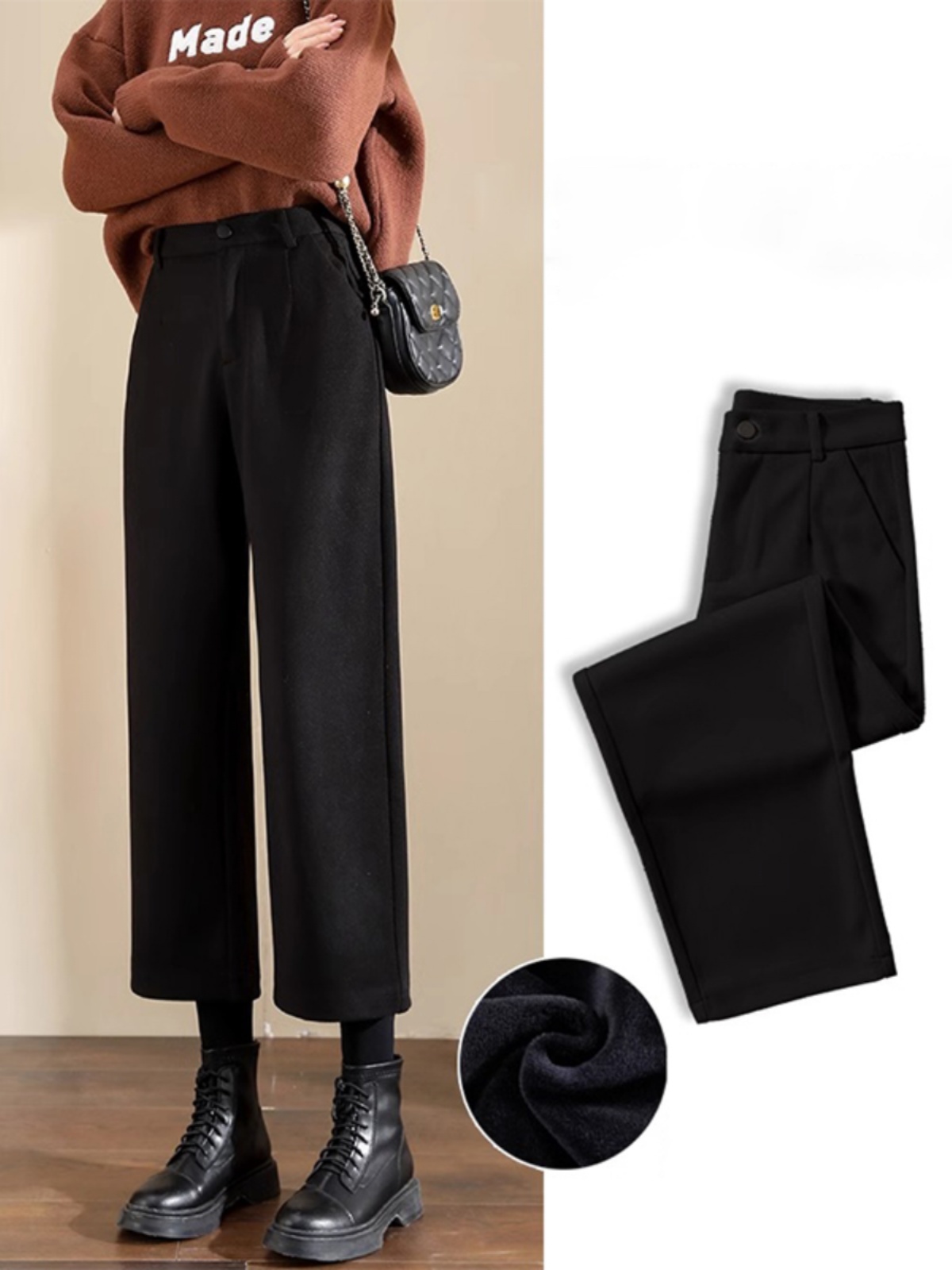 毛呢阔腿裤女2025新款秋冬流行风格小个子大码加绒加厚九分直筒裤