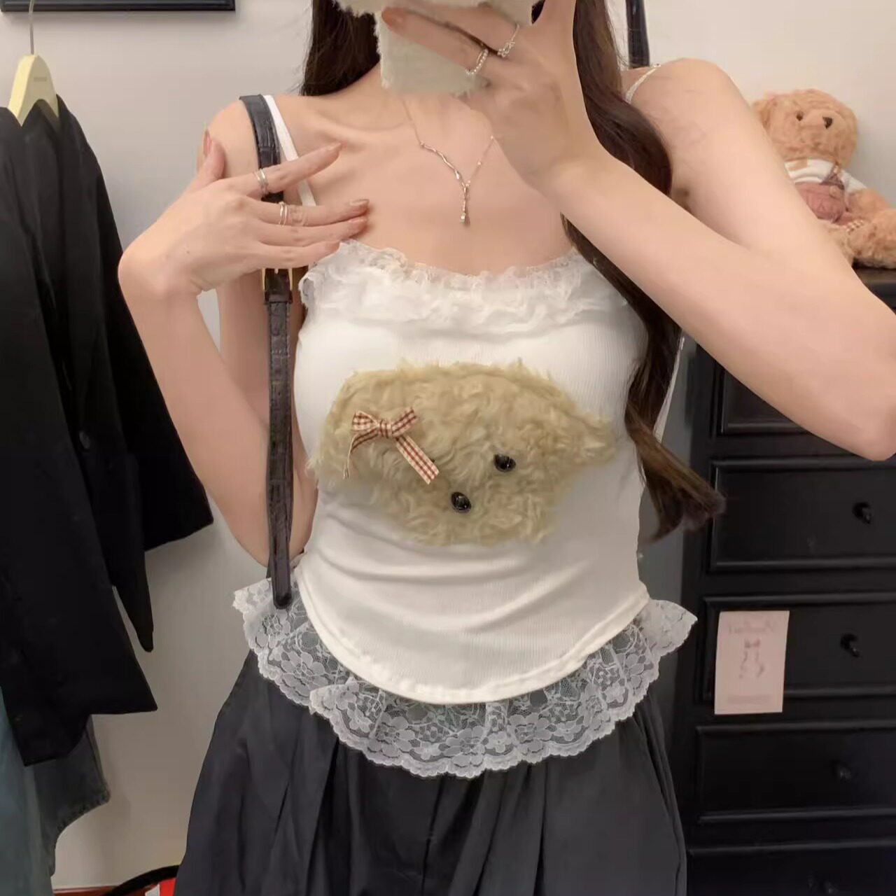 秋冬立体毛绒狗头吊带女内搭打底衫黑色无袖上衣辣妹修身短款背心