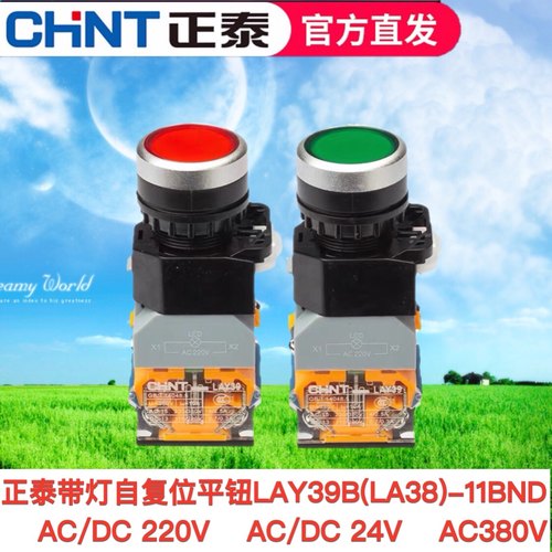 正泰按钮开关24V带灯自复位平钮LAY39B(LA38)-11BND AC/DC220V380