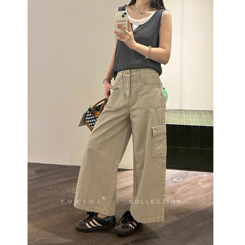 卡其色工装口袋阔腿牛仔裤宽松女