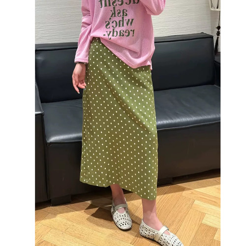 复古缎感绿色波点A字半身裙长裙