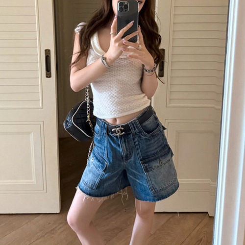 复古毛边工装口袋牛仔短裤宽松女