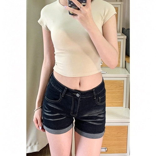 美式复古卷边牛仔短裤夏高腰显瘦