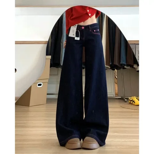 美式复古设计感阔腿牛仔裤宽松女