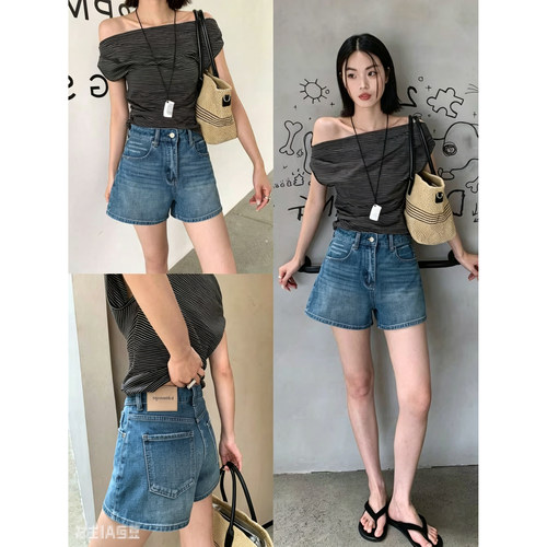 复古蓝色牛仔短裤女小个子阔腿裤