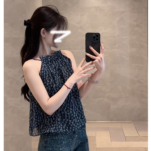 复古设计感印花吊带背心女夏外穿