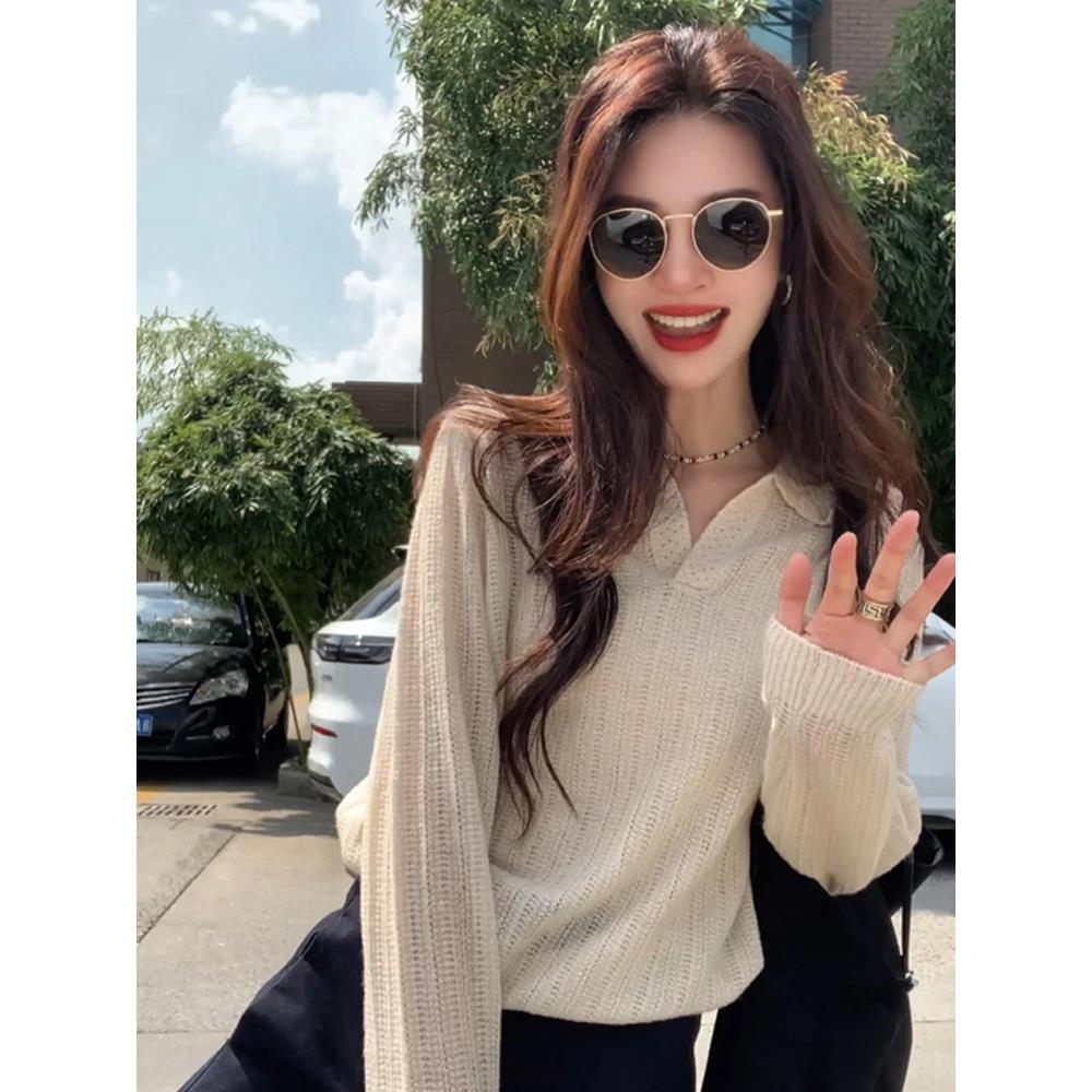 复古金丝polo领毛衣针织衫设计感