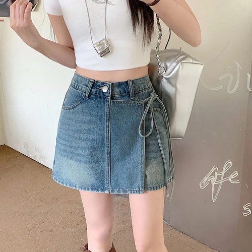 复古系带阔腿牛仔短裙裤高腰显瘦