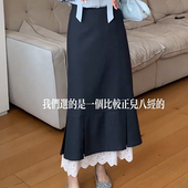 拼接花边灰色A字半身裙女春秋季 设计感气质裙子 高腰显瘦复古时尚