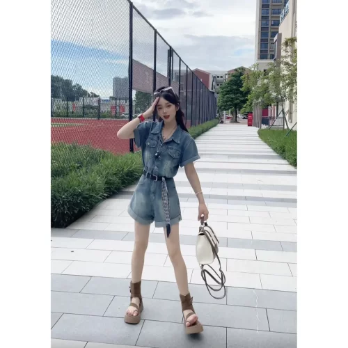 港风复古牛仔连体裤女夏高腰显瘦