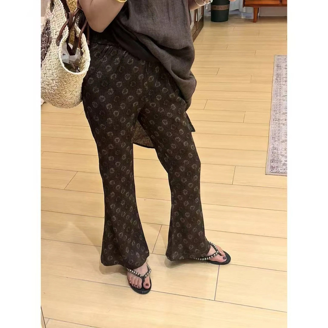 ZNAML小鸡腿亚麻印花晕染微喇叭裤子女夏薄款修身显瘦休闲九分裤
