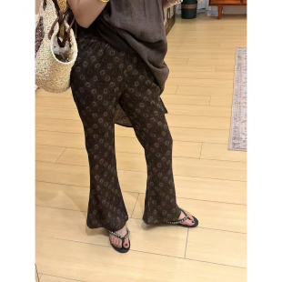 ZNAML小鸡腿亚麻印花晕染微喇叭裤子女夏薄款修身显瘦休闲九分裤