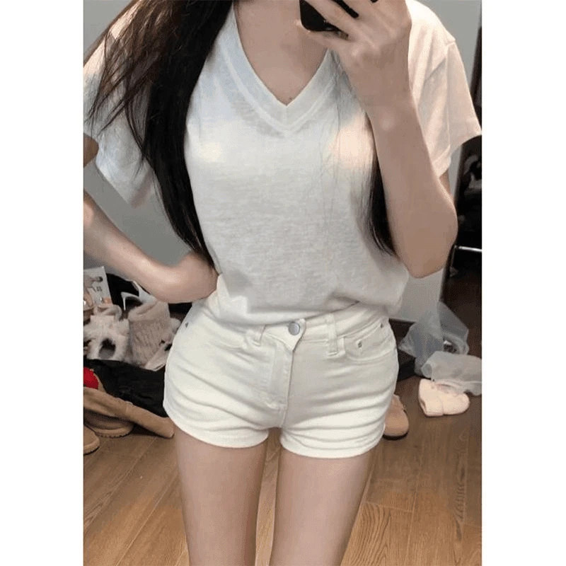 辣妹白色牛仔短裤女夏季高腰显瘦图片