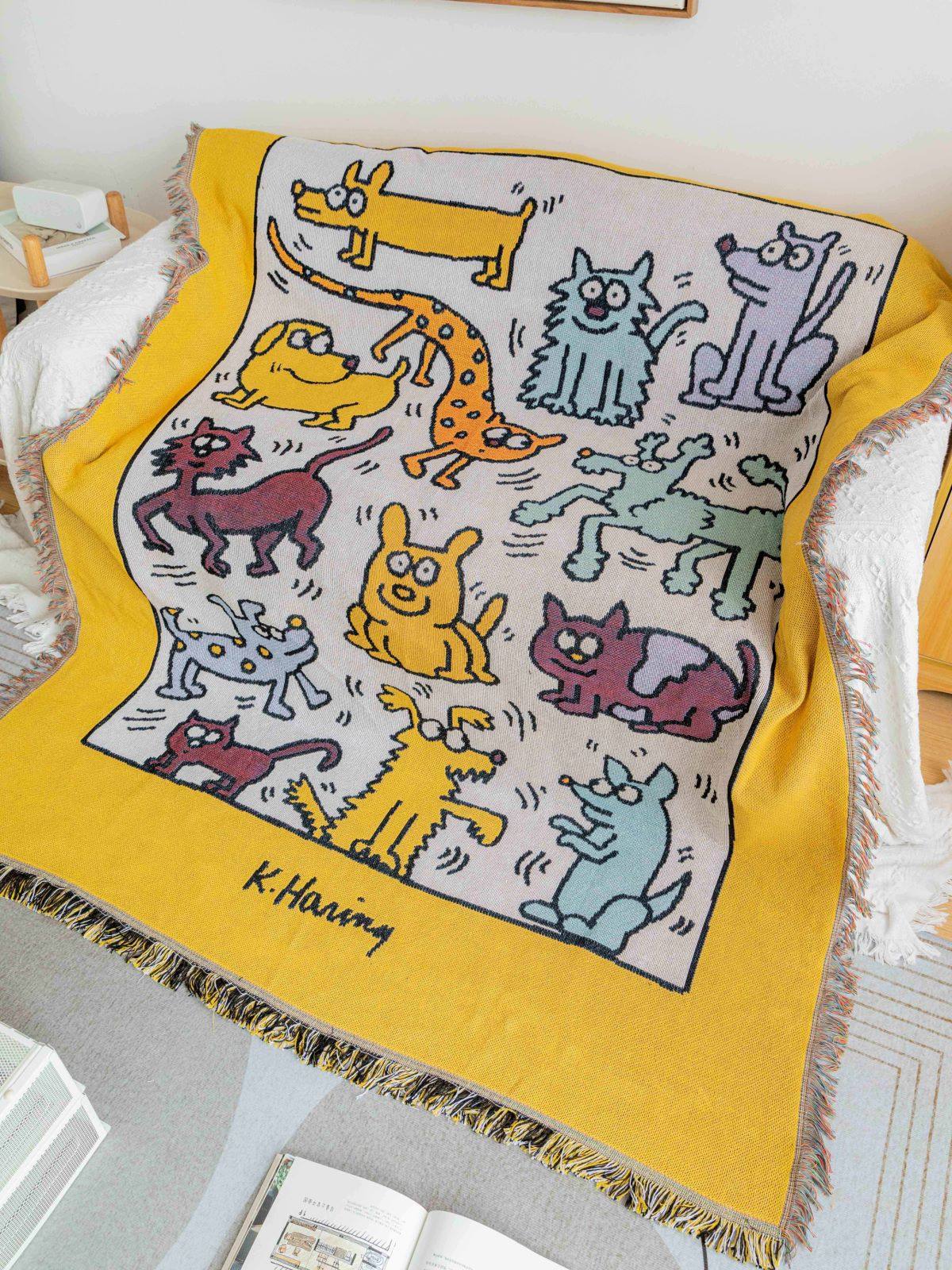 出口外贸美国涂鸦大师狗狗卡通沙发靠背巾插画挂毯床毯沙发垫毛毯