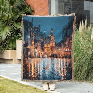 跨境外贸欧洲夜色街道风景挂毯DIY半成品挂画多功能线毯壁毯装饰