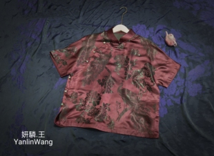 妍驎王原创设计新中式国风时尚衬衫 老软缎提花上衣百搭短袖上衣