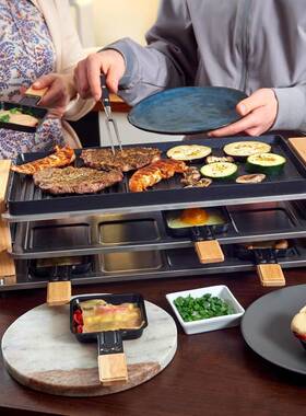 三层韩国电烧烤架Raclette2合1 室内烤架不粘烤盘奶酪盘木制抹刀
