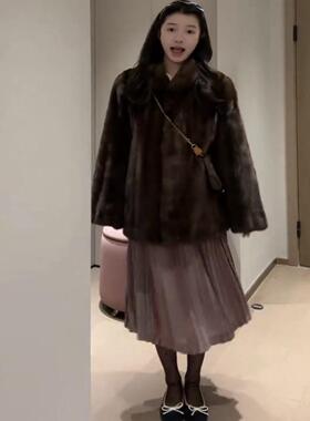 一生推 复刻宅女同款中古仿水貂翻领环保皮草毛毛外套女24冬新款