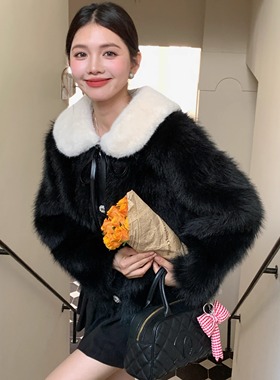 矜贵少女 Miu系秋冬复古富家千金风宽松蝴蝶结绑带时髦短毛毛外套