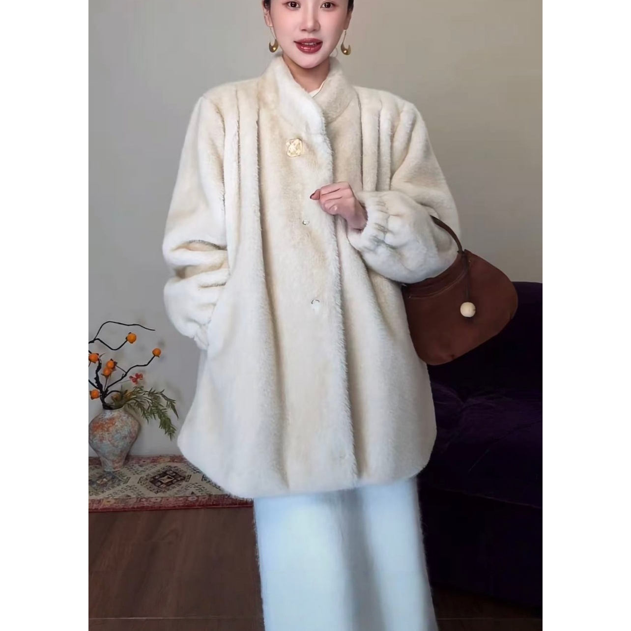 晴方好 复古仿水貂环保皮草毛毛外套女冬立领高级感环保皮毛一体