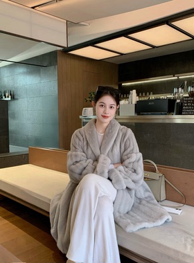 冬日序曲仿水貂毛皮草外套女秋冬新款挽袖宽松保暖中长款毛毛大衣