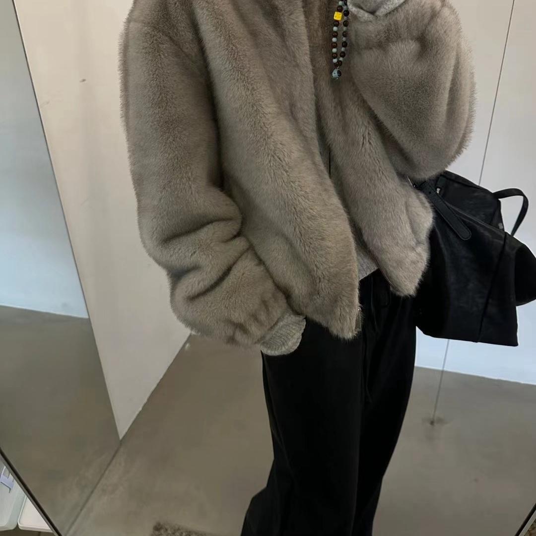 2024冬季新款韩系立领环保水貂皮毛一体拉链短款外套女宽松休闲
