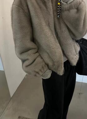 2024冬季新款韩系立领环保水貂皮毛一体拉链短款外套女宽松休闲