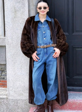 贵族本纪 仿水貂抽刀灯笼袖长款仿皮草外套冬环保皮毛一体大衣女