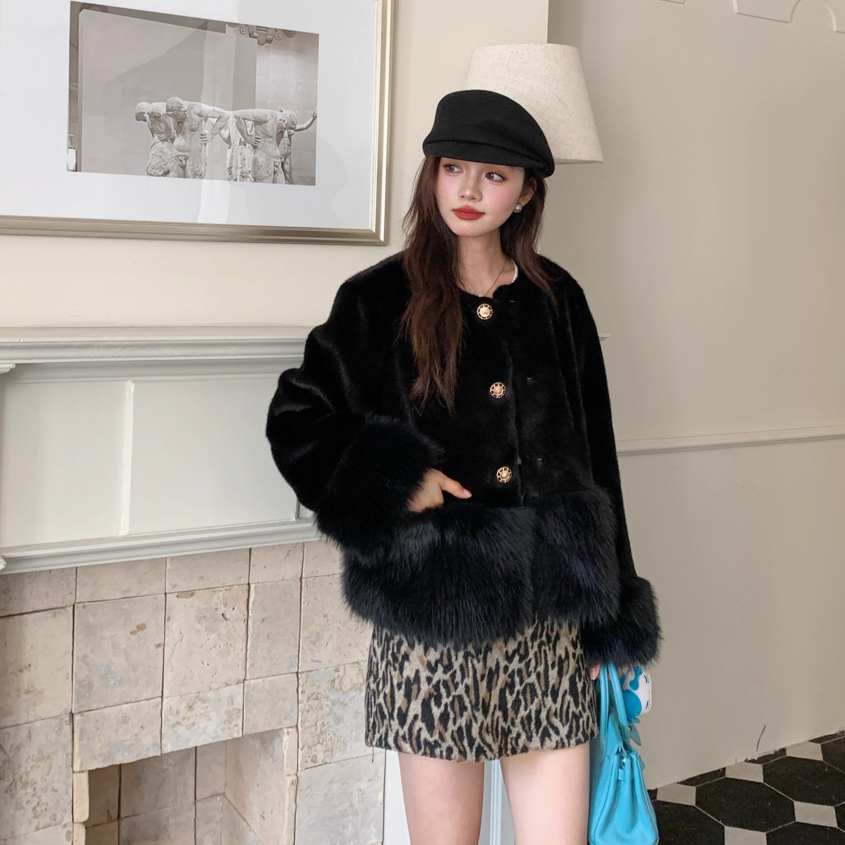 富家千金气质仿水貂狐狸毛拼接环保皮草短款毛毛小香外套女冬季新