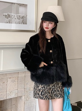富家千金气质仿水貂狐狸毛拼接环保皮草短款毛毛小香外套女冬季新