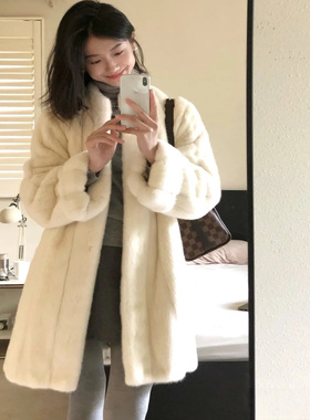 新款米白色仿水貂毛外套女宽松中长款保暖轻奢仿皮草温柔风大衣