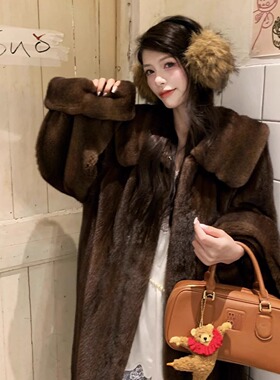 奶油南瓜盅 仿水貂毛复古娃娃领挽袖环保皮草毛毛外套大衣女冬季