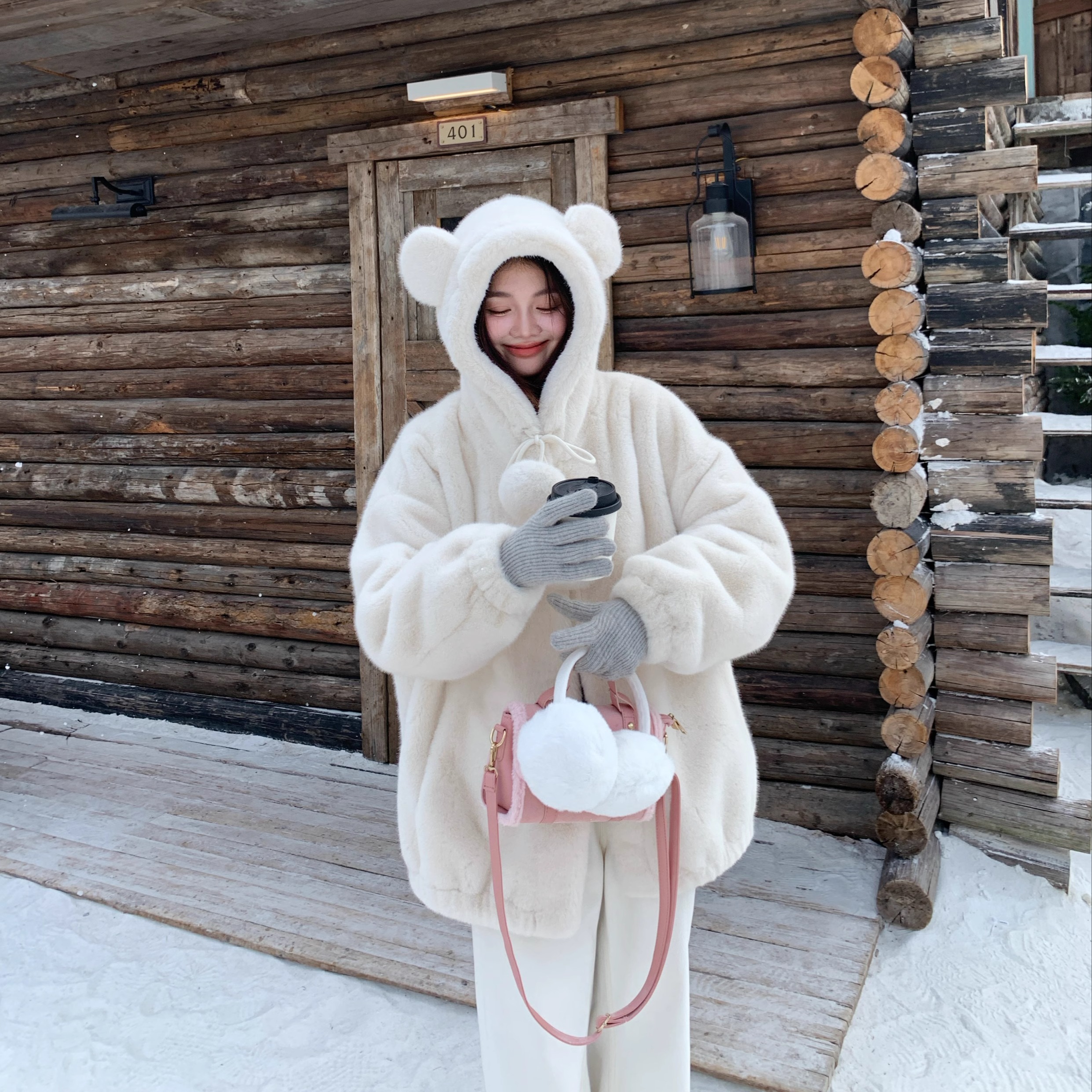 【冬季小奶熊】小熊耳朵环保皮草仿水貂毛保暖连帽软妹毛外套女冬